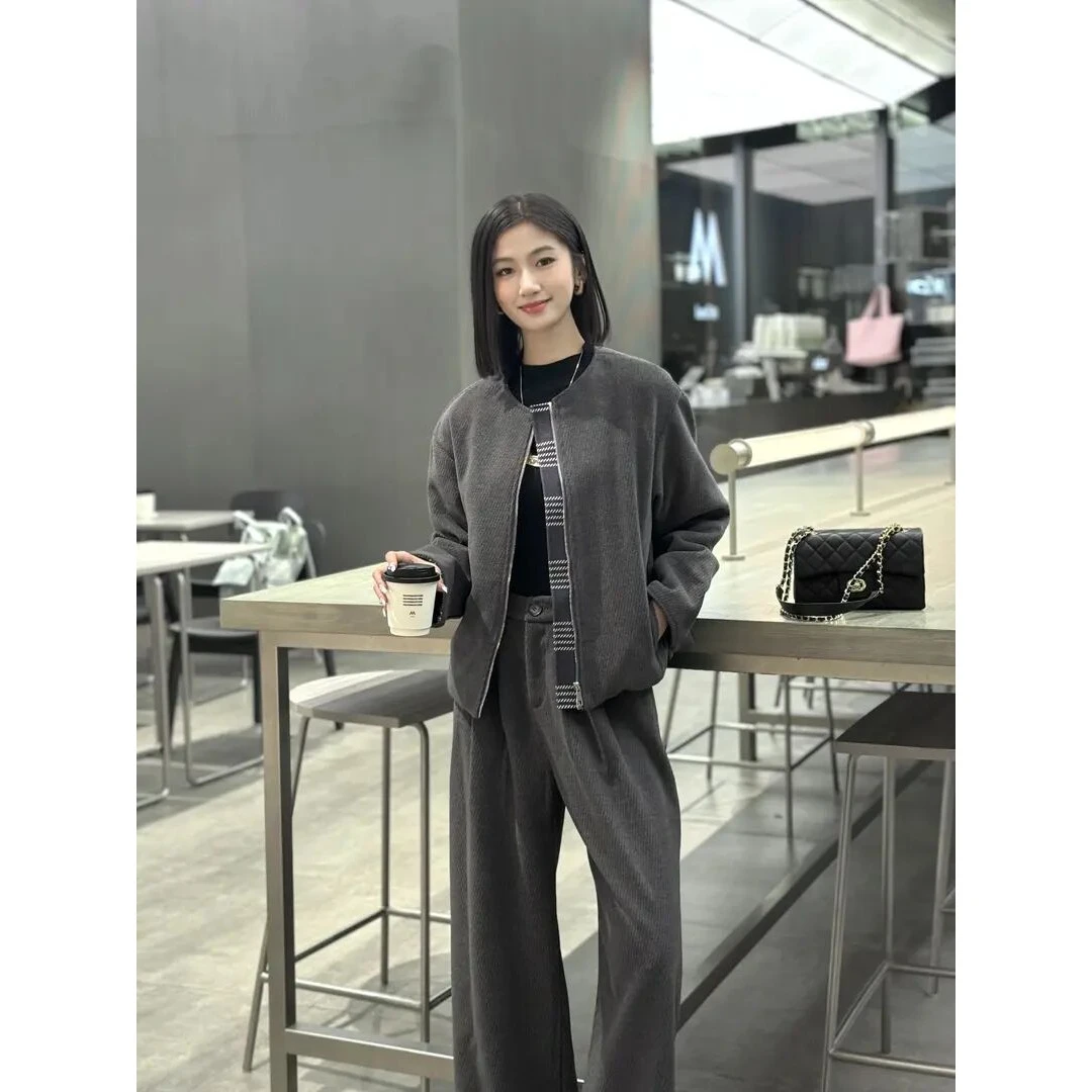 秋冬毛呢套装女修身显瘦气质加厚羽绒内胆外套阔腿裤两件套10068