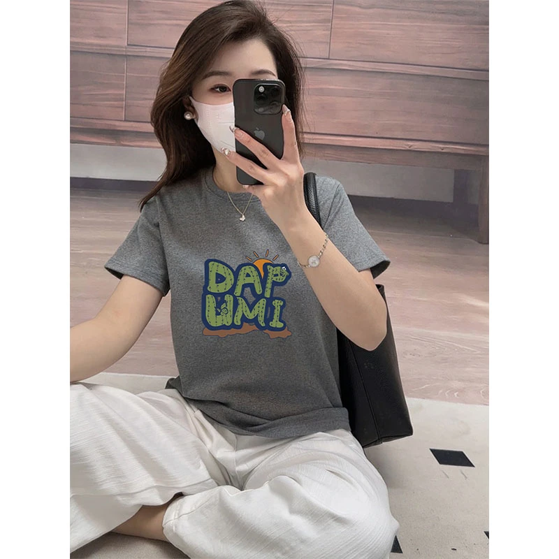 2025新款正肩磨毛短袖t恤女时尚百搭减龄加厚款上衣打底衫春夏季