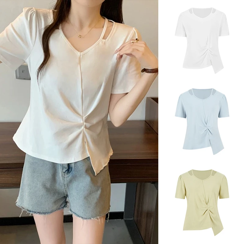 Moses Queen/魔西女王V领设计感镂空不规则褶皱收腰显瘦短袖T恤女