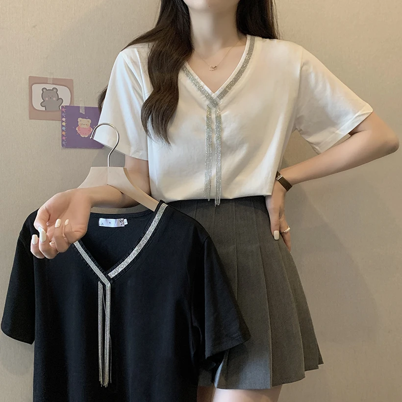 936大码女装2023夏装新款洋气网红短袖T恤胖妹妹宽松百搭v领上衣
