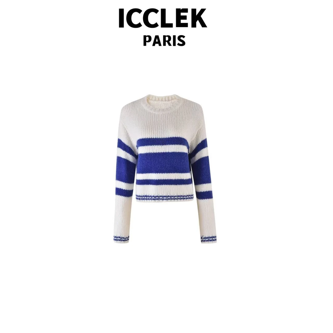 ICCLEK 蓝白色撞色条纹圆领长袖针织衫-5070