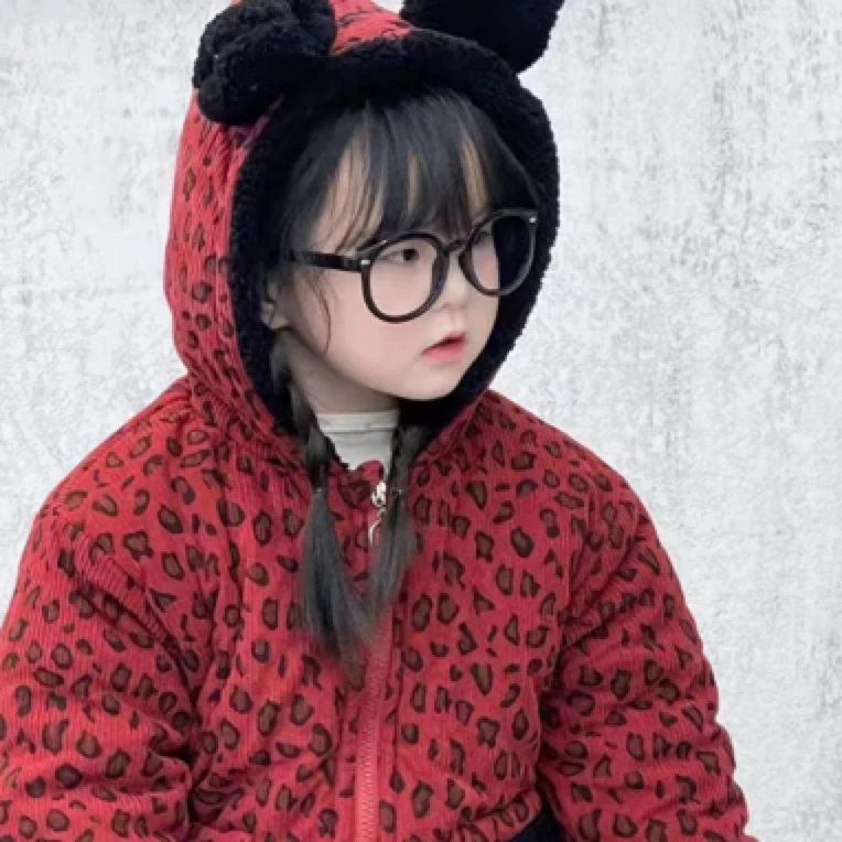 冬季红色豹纹儿童三层夹棉加厚家居服男女童连帽加绒保暖睡衣宝套