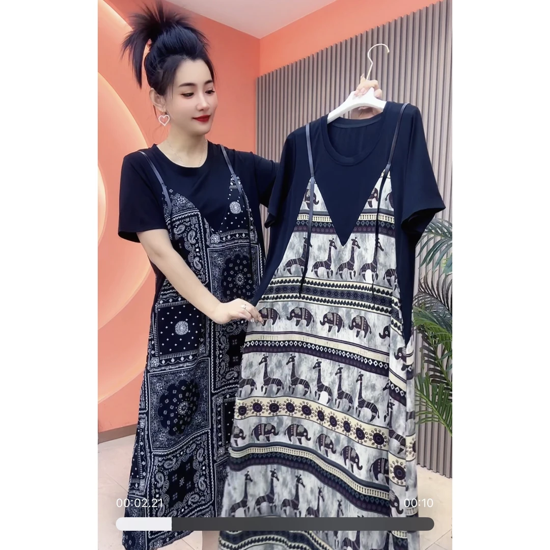 8887女士夏季长裙假两件连衣裙（裙长110左右）