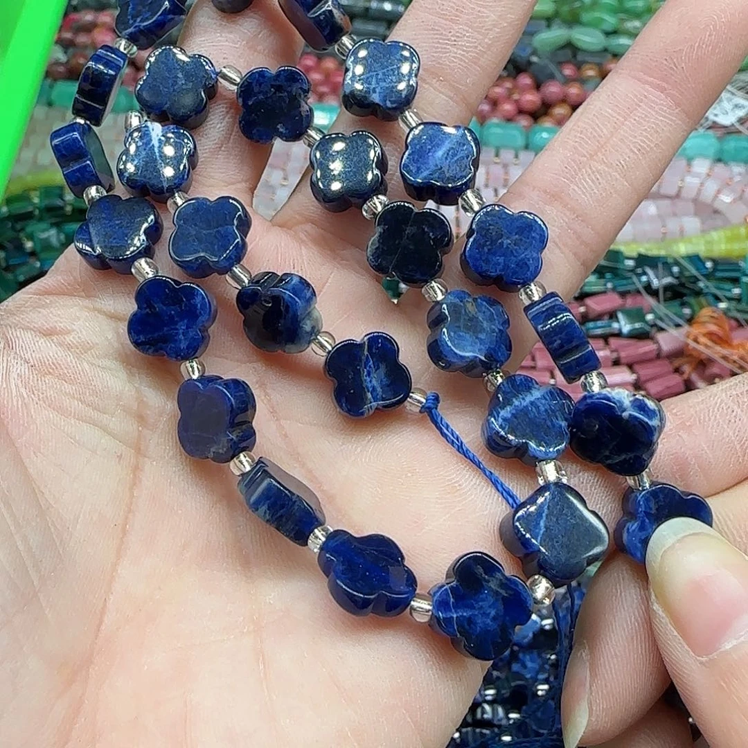 玛瑙/玉髓珠宝半成品合金蓝纹四叶草10mm一条