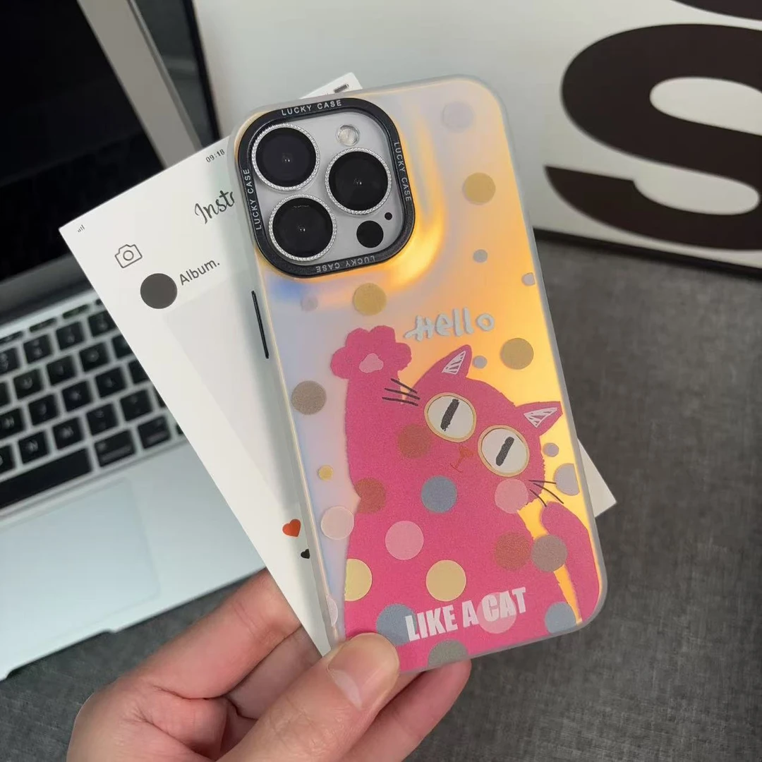彩色波点hello小猫适用于苹果16手机壳15/14个性彩银镭射壳防摔壳