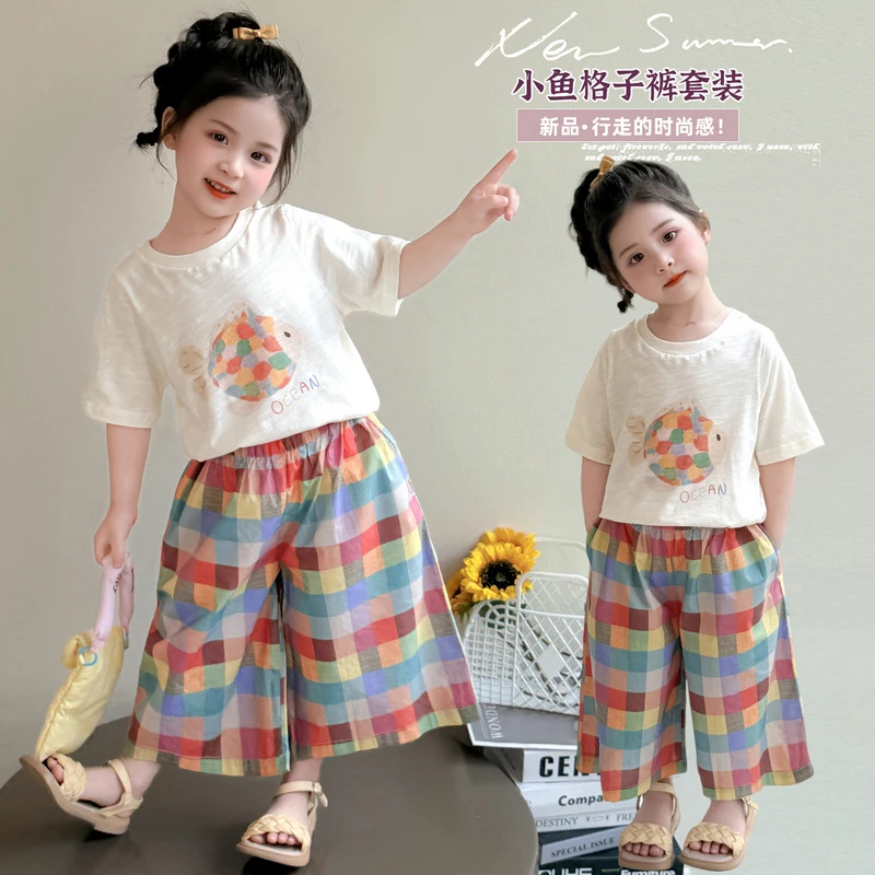 儿童休闲洋气夏季新款卡通印花彩色格子裤女童套装女孩薄款两件套