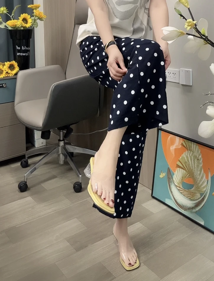 8539波点裤宽松直筒裤长裤薄款韩版九分裤阔腿裤波点垂感休闲裤