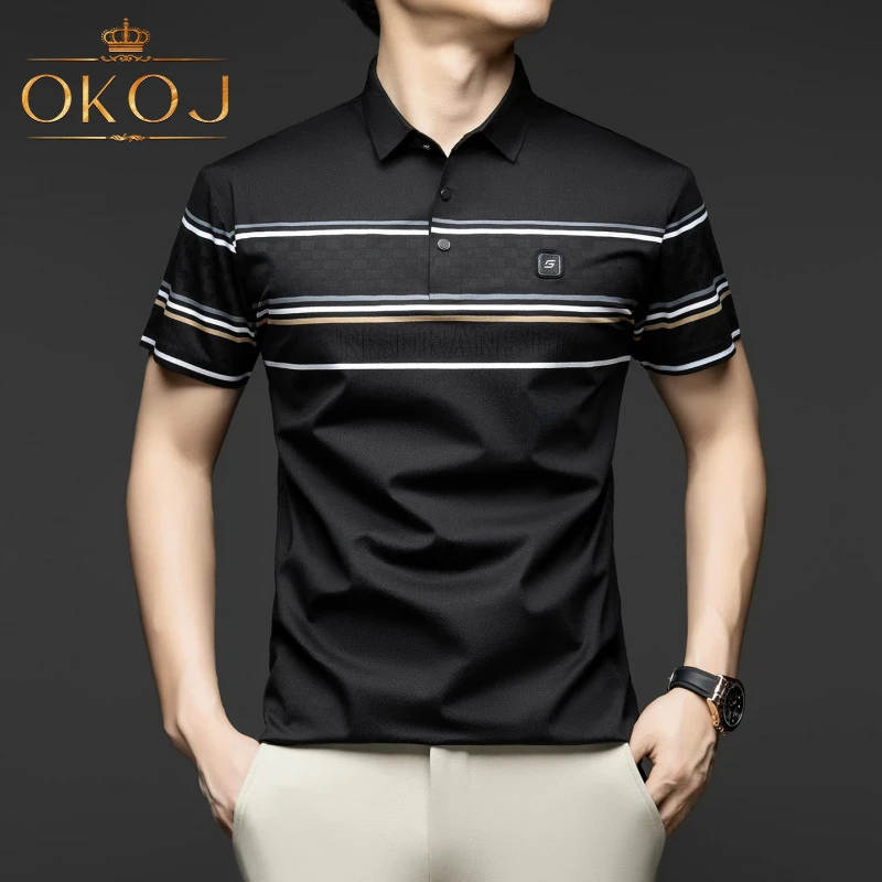 OKOJ冰丝无痕polo衫男T恤夏季新款透气翻领撞色条纹商务休闲短袖