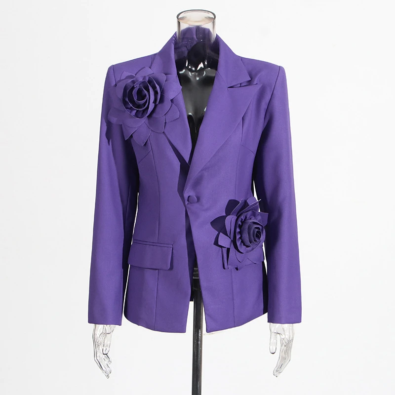 【2025紫贵族/醋酸含量定制】花朵装饰单粒扣新款下摆开叉小西装女