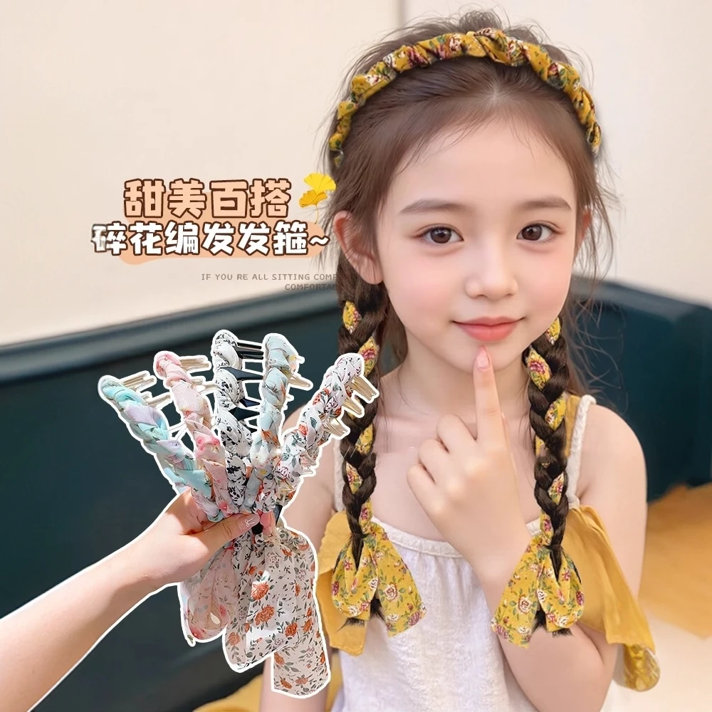 儿童高颅顶发箍碎花飘带一体式编发头箍女童不勒头带齿防滑发带