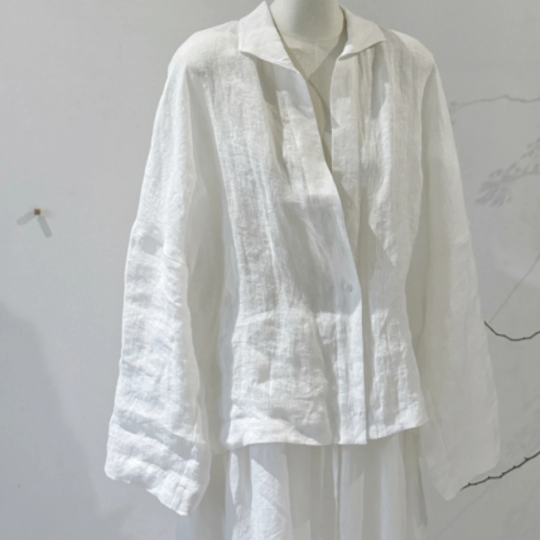 muli沐里亚麻长袖休闲百搭时尚衬衫白色复古长款衬衣轻薄防晒