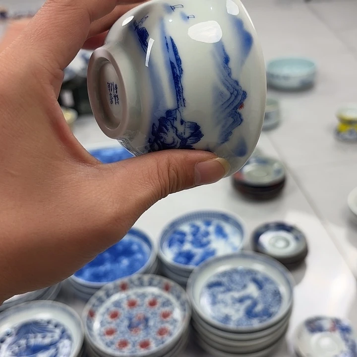 瓷片富川山居图大压手杯景德镇