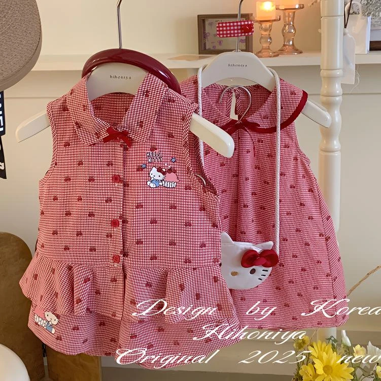 女童套装童装上衣+短裤两件套/樱桃格子裙女宝宝洋气套装甜美裙子