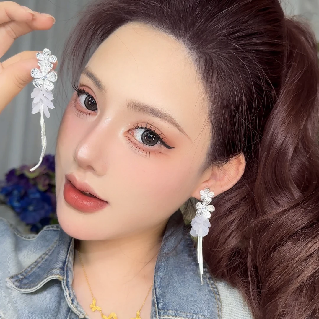 合金耳饰 仙气花朵仿贝壳海边度假风流苏长款耳环气质百搭超仙优