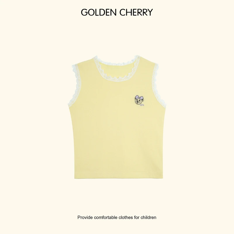 【金樱桃Golden cherry】小童蝴蝶结小熊刺绣蕾丝边百搭背心QDD578