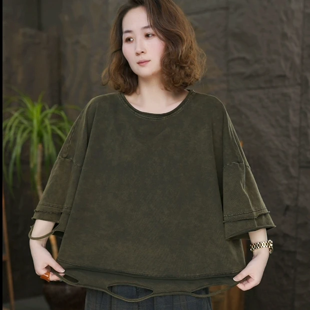 复古文艺炒色做旧宽松休闲百搭上衣女