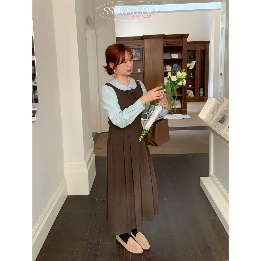 KMZY/KMZY山_山【暖棕可可】微胖韩系气质工字褶收腰假两件连衣裙女