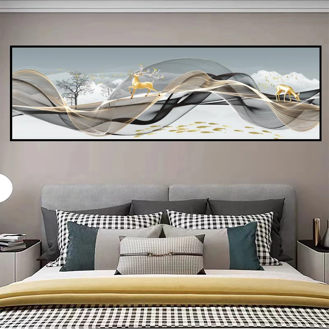 现代轻奢卧室床头装饰画高级感主卧房间横版挂画晶瓷镶钻带灯壁画