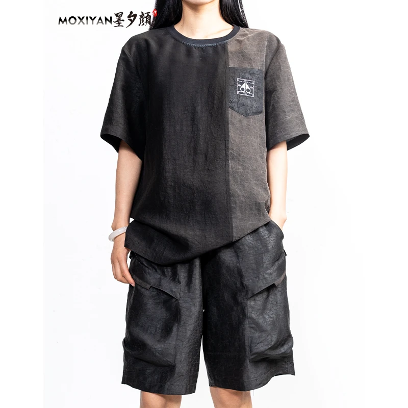 【墨夕颜2025新款香云纱桑蚕丝男装灰龟拼接短袖套装-MH-883-T
