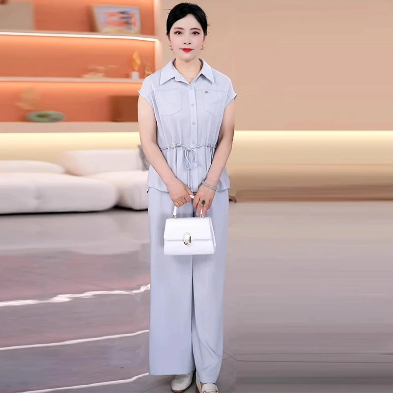 时尚妈妈夏装纯色套装中老年女装翻领衬衫短袖上衣2025新款两件套