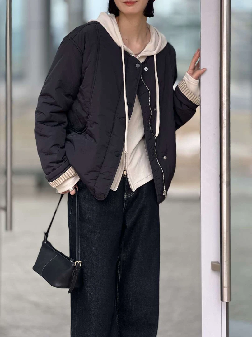 直筒型简约潮流黑色连帽外套冬季拉链女棉衣棉服宽松保暖休闲