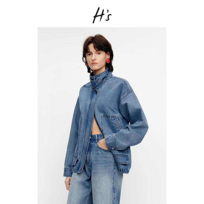 【秋上新】H'S棉质牛仔短外套女25秋oversize廓形双头拉链夹克上衣