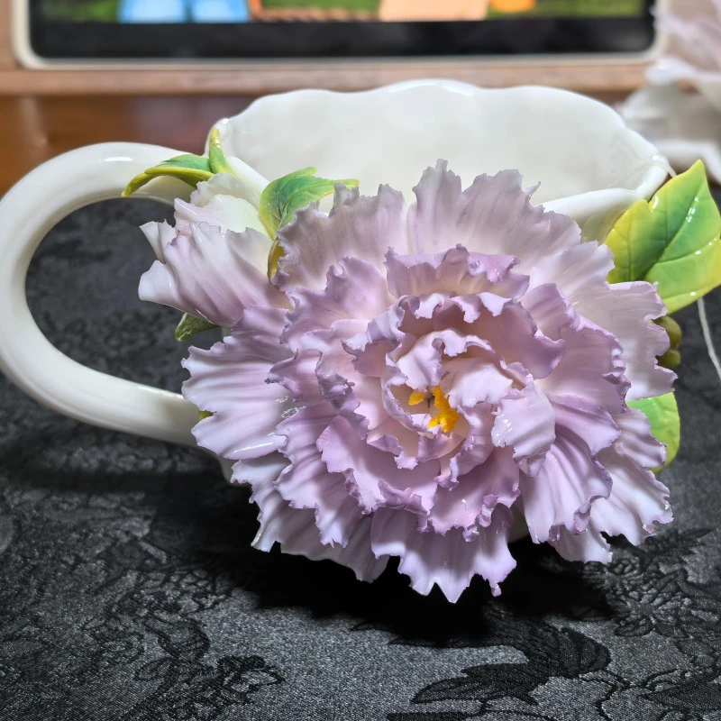 非遗陶瓷牡丹花杯子中式创意纯手工手捏送闺蜜礼物