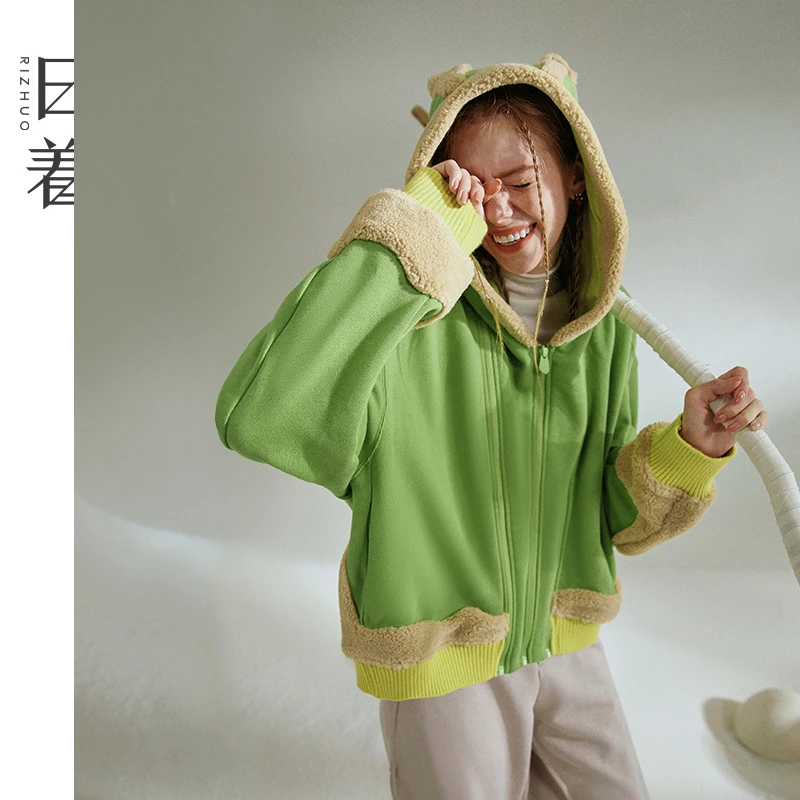 日着趣雪怪全棉连帽卫衣外套2025秋季新款毛绒拼接上衣女RD8417W0