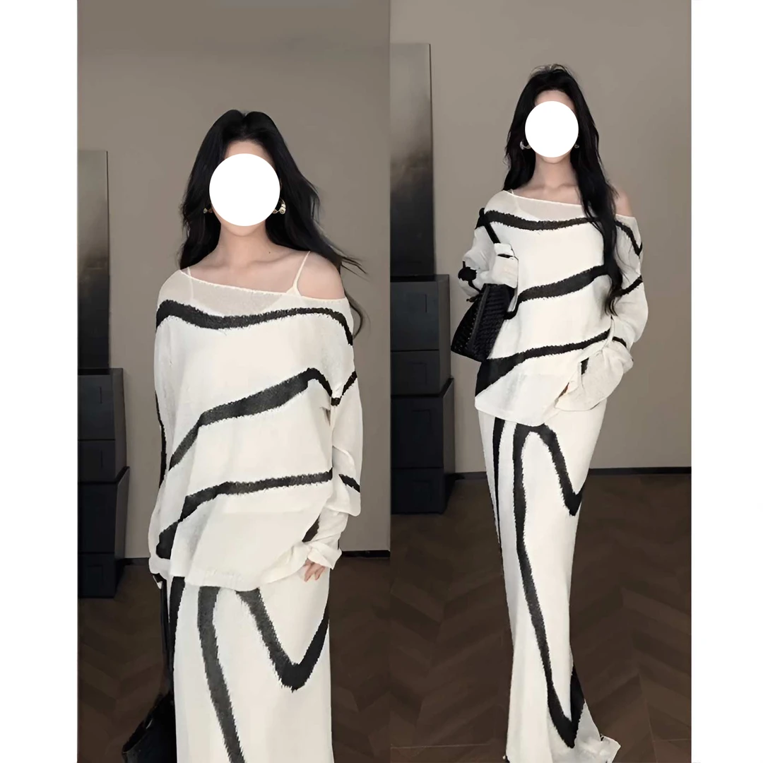 高级感早秋时尚穿搭一整套名媛风条纹罩衫上衣搭配半身裙两件套潮