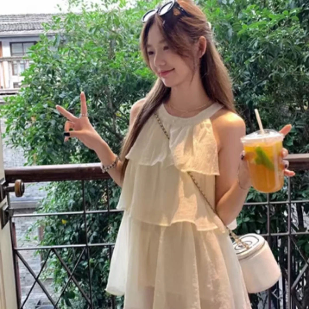 夏季新款无袖纯色圆领露肩挂脖休闲风女士蛋糕裙