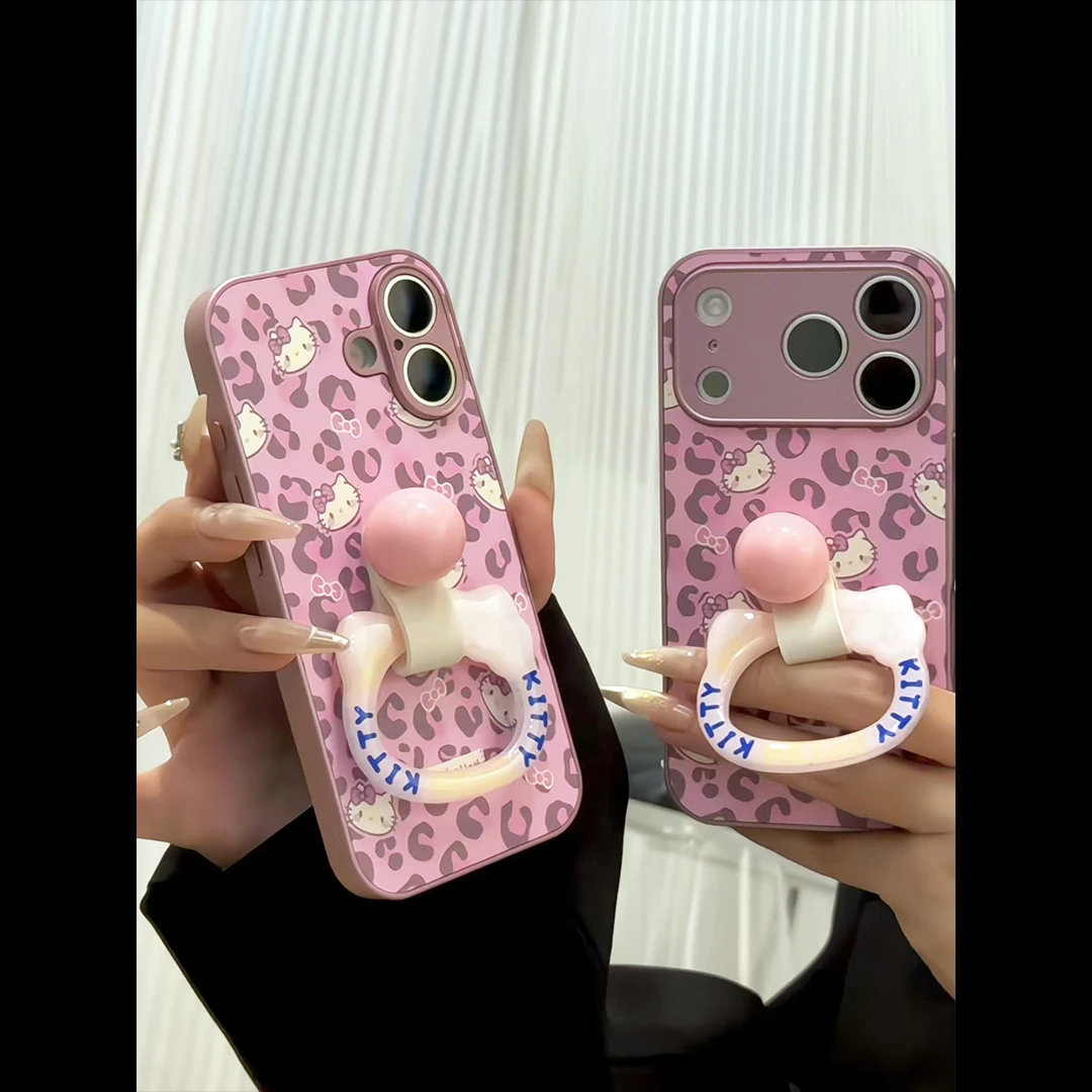 豹纹粉凯蒂适用苹果17pro手机壳iqoo金属直边华为p80皮革oppo小米