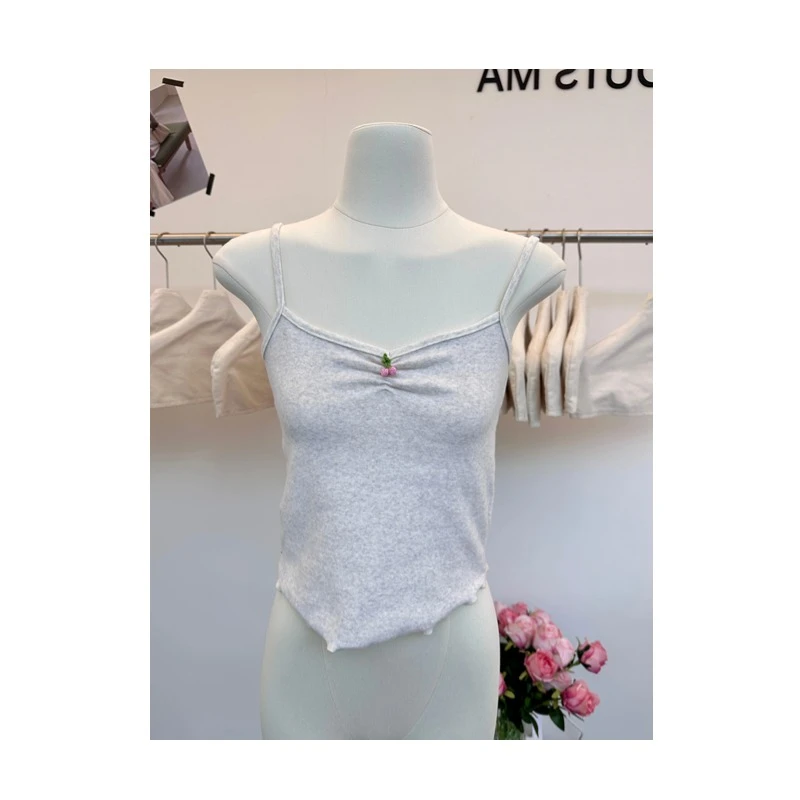 【A M阿梦】纯欲小吊带褶皱樱桃不规则木耳边修身外穿内搭打底上衣