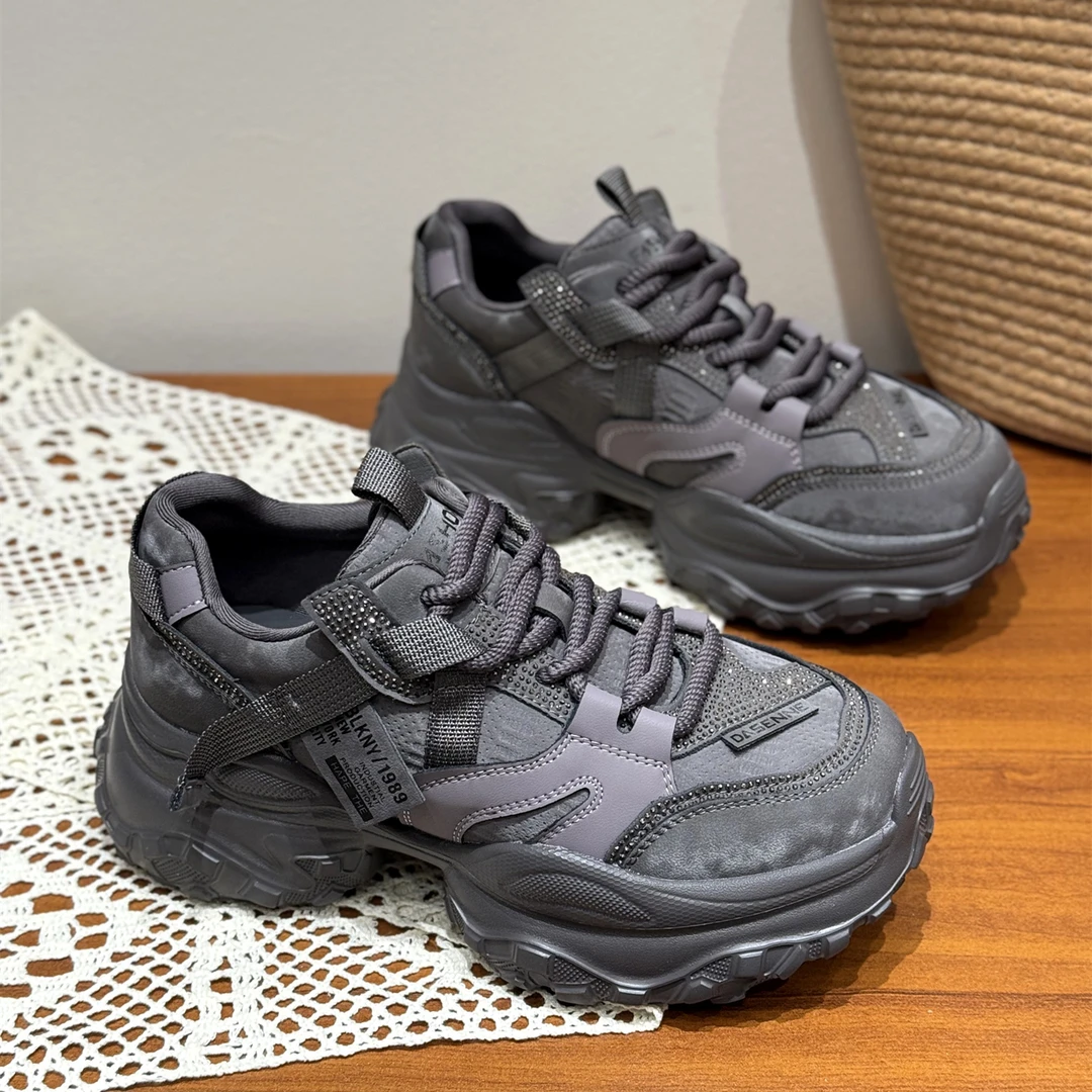 港风厚底增高水钻老爹鞋女2025新款秋季小个子松糕运动百搭休闲鞋