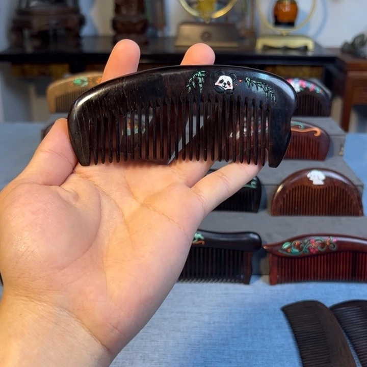 东非黑黄檀（紫光檀）非遗丹青手工彩绘熊猫木梳