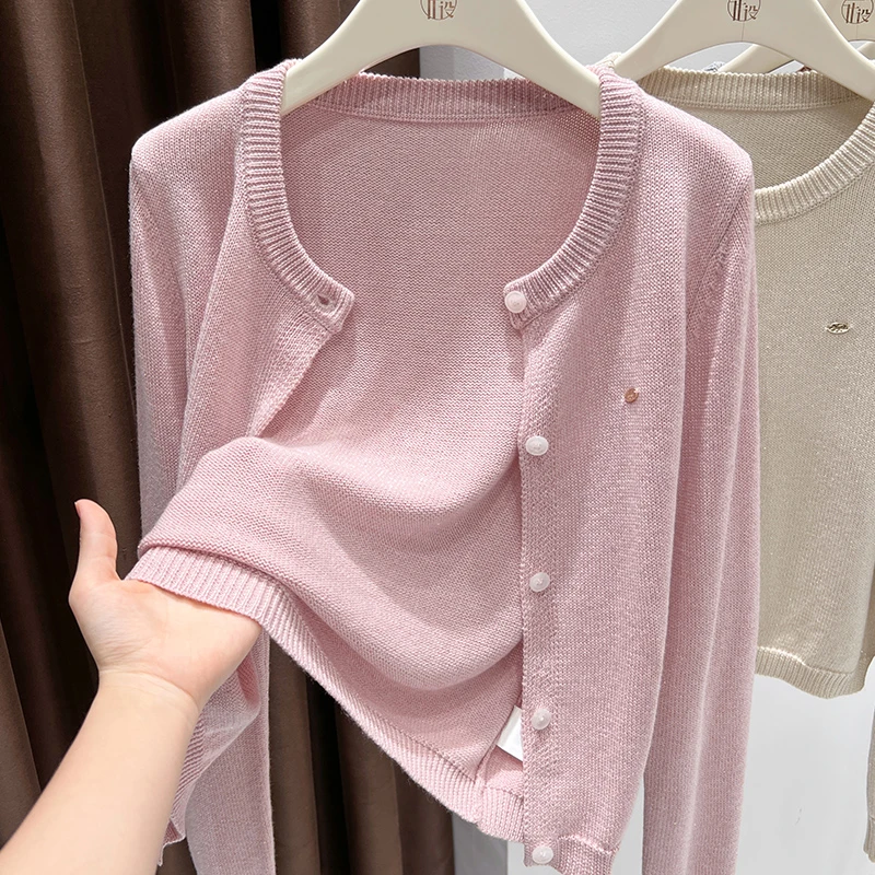 粉色圆领甜美软糯针织开衫女秋季新款宽松显瘦韩系温柔风毛衣外套