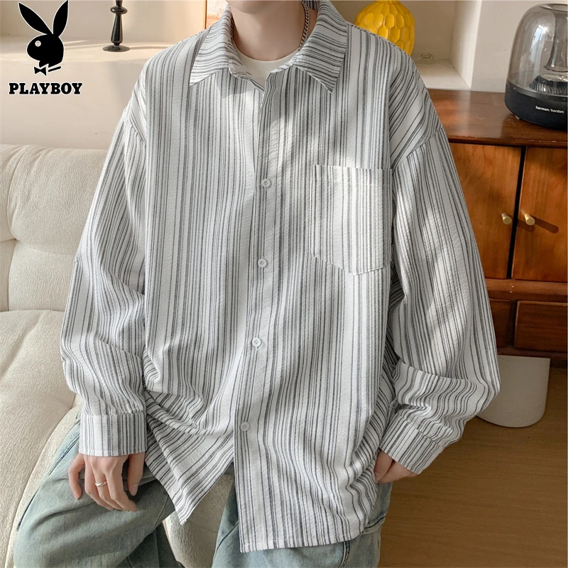 花花公子复古条纹翻领衬衫男春夏季美式潮牌宽松情侣长袖衬衣外套