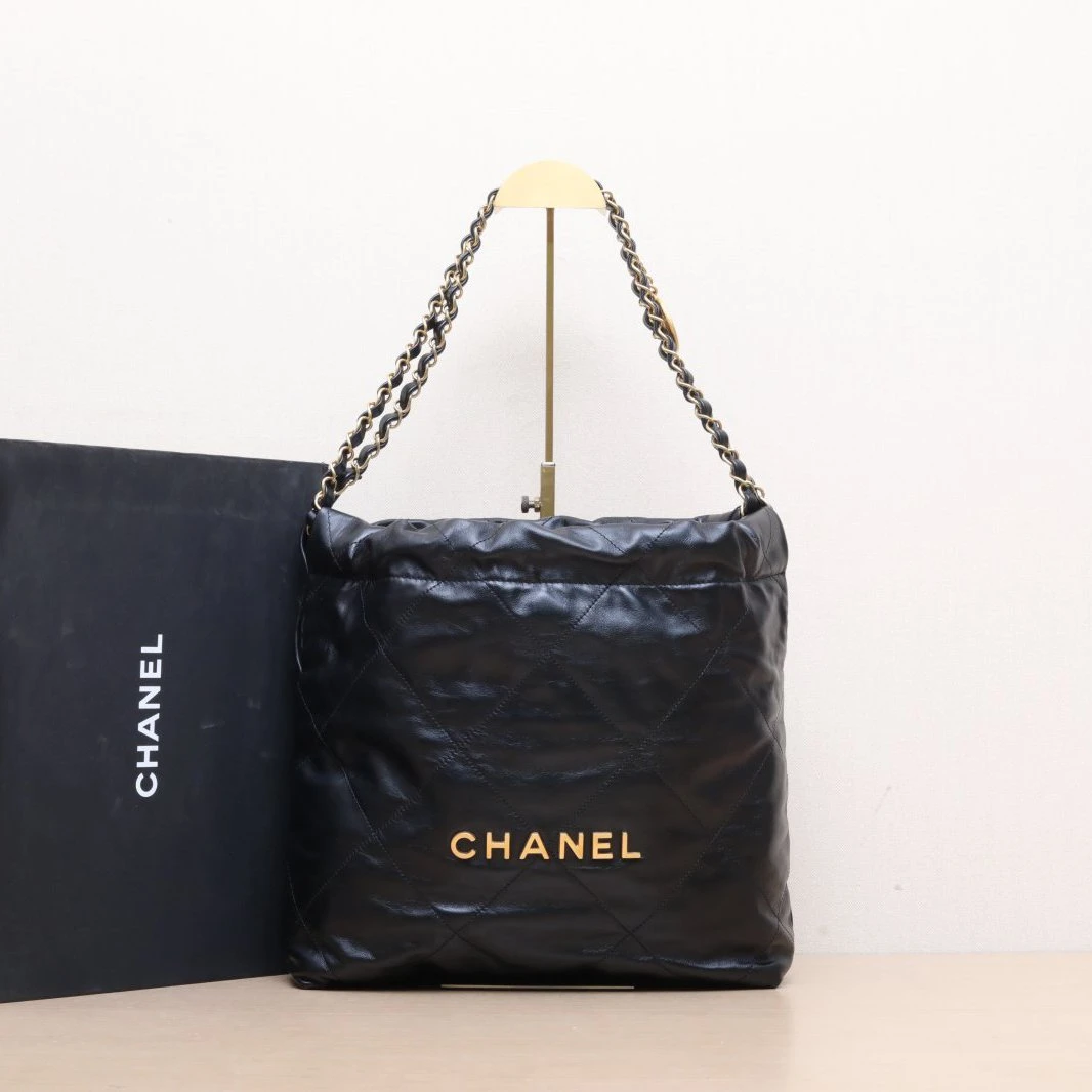 95新 Chanel/香奈儿 新粉【小花Han】22Bag托特包 小号 黑色 芯片开