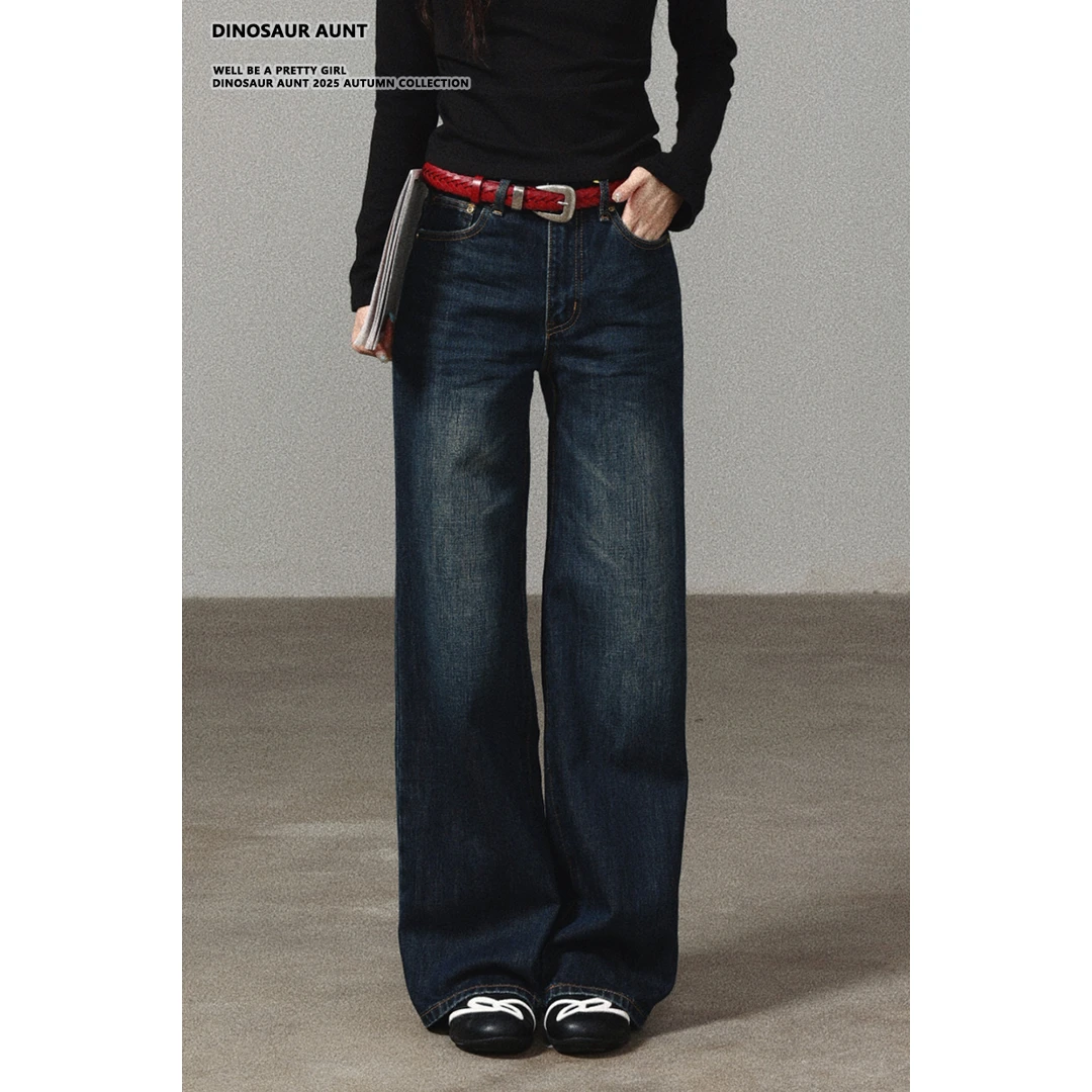 DINOSAUR AUNT恐龙阿姨复古水洗女高腰显瘦直筒阔腿牛仔裤