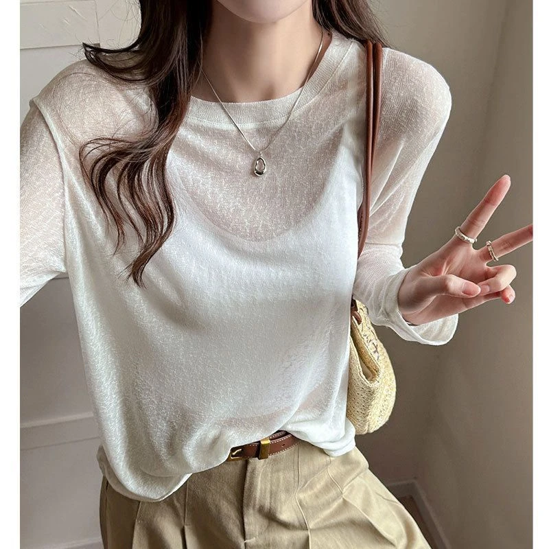 微透防晒罩衫新款韩系慵懒风宽松显瘦遮肚子长袖白色上衣空调衫