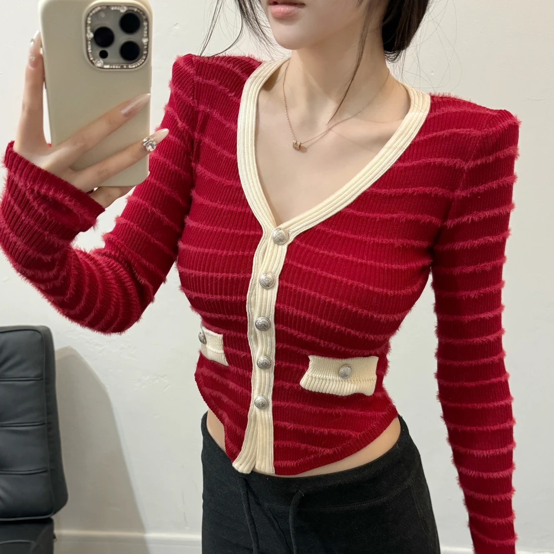 纯欲法式撞色条纹V领针织衫女秋冬修身显瘦内搭上衣