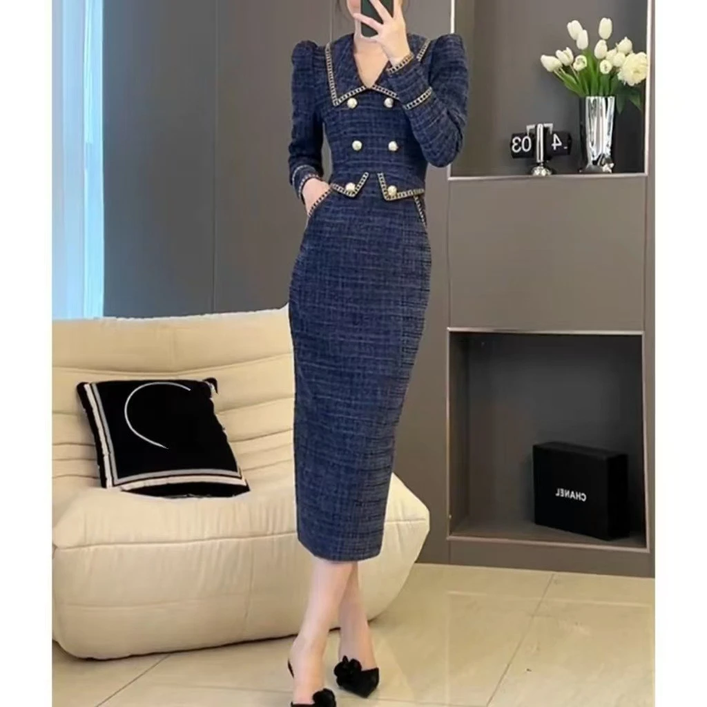 法式高级感独特超好看气质名媛高端精致蓝色小香风连衣裙子女秋冬