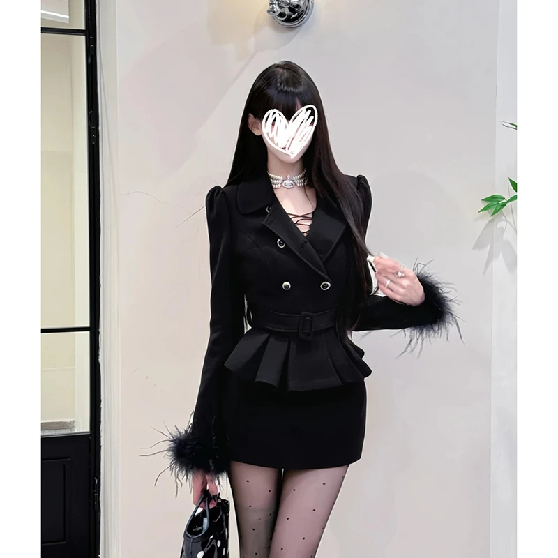 赤瞳目黑 法式休闲风双排扣外套A字半身裙短裙秋冬时尚套装