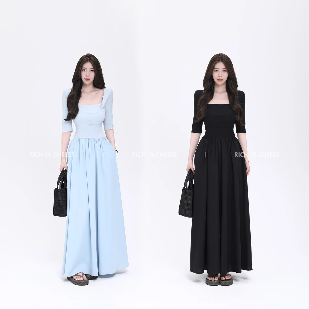 舒胡蕾 轻氧松弛 复古方领拼接显瘦气质百搭中袖时尚收腰连衣裙