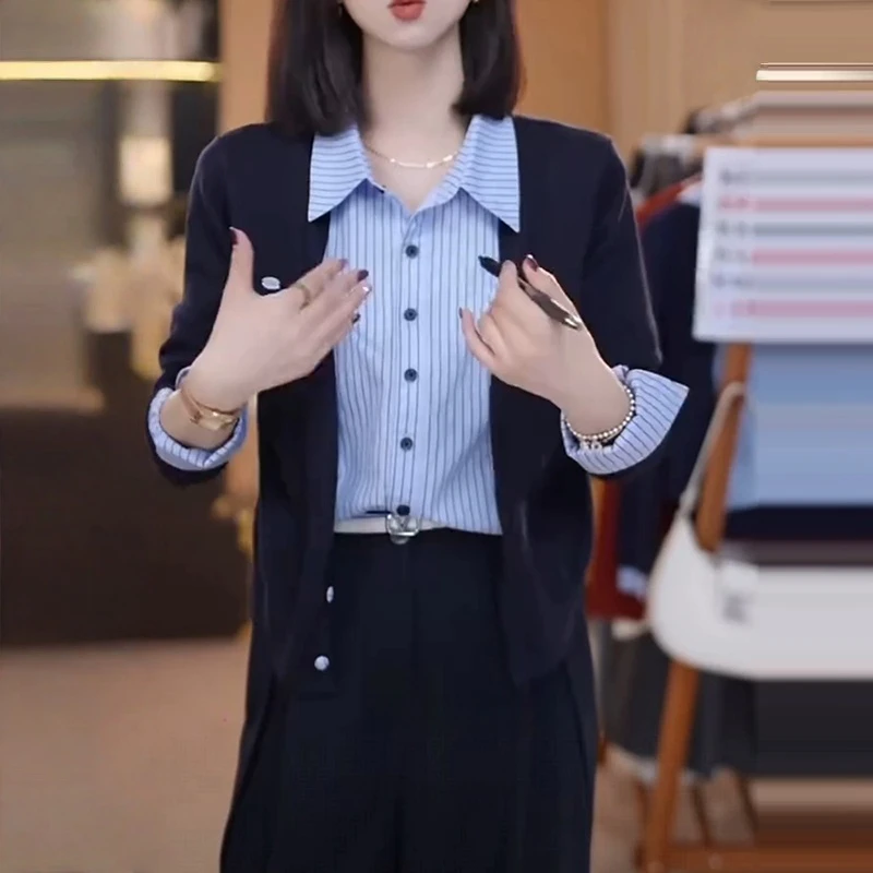 韩版假两件拼接针织开衫女秋装新款小个子针织叠穿内搭翻领上衣