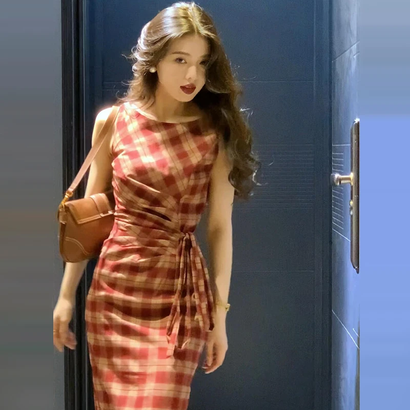 格子无袖背心连衣裙小个子夏季2025新款网红洋气炸街女装包臀裙子