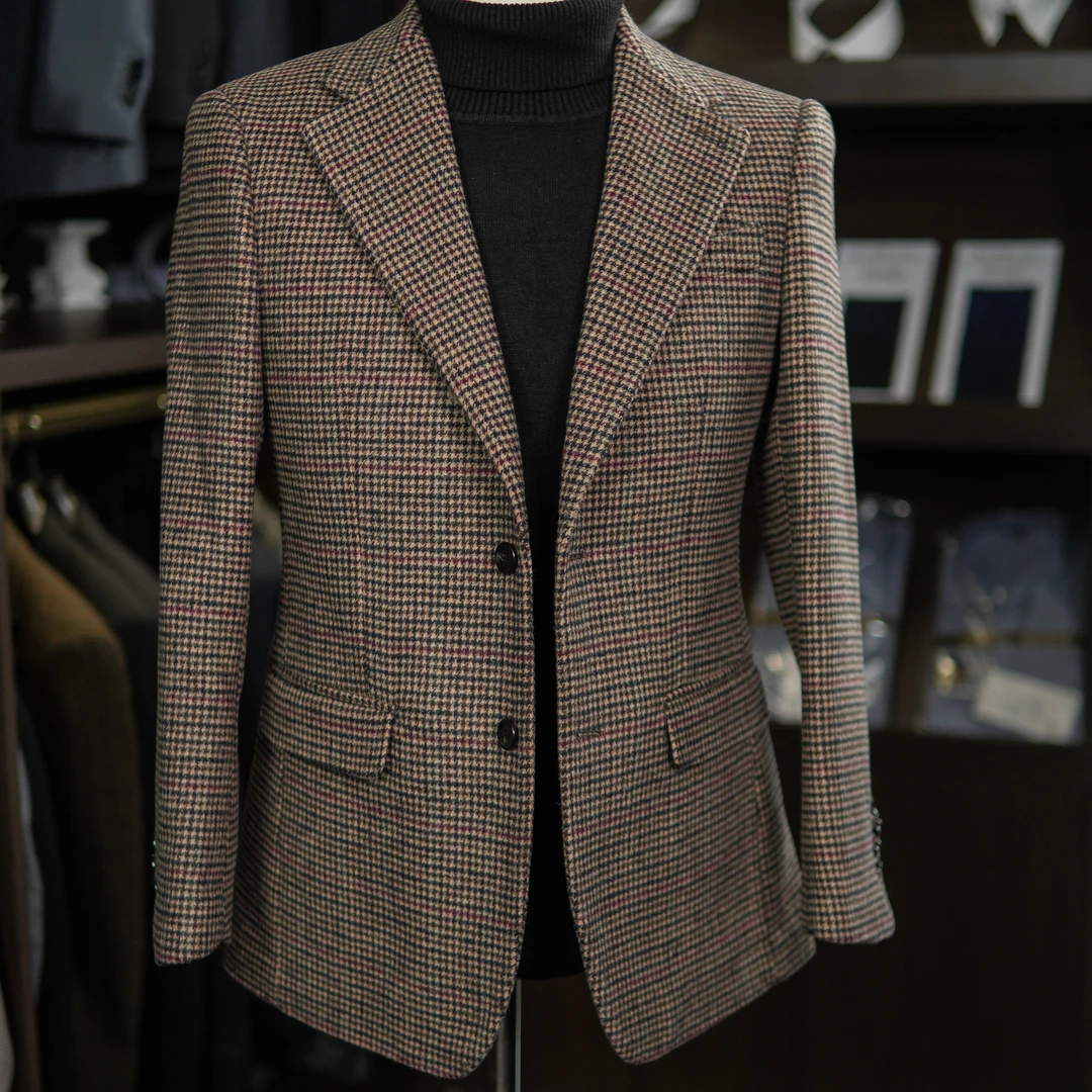 檀褐亮棕千鸟格全羊毛秋冬加厚时尚休闲西服高定外套西装男上衣