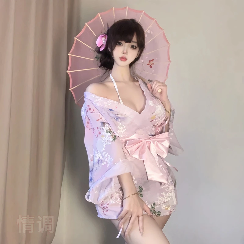 春夏东京纯欲雪纺系带甜美蝴蝶结性感印花神明少女睡袍夏季纯欲风