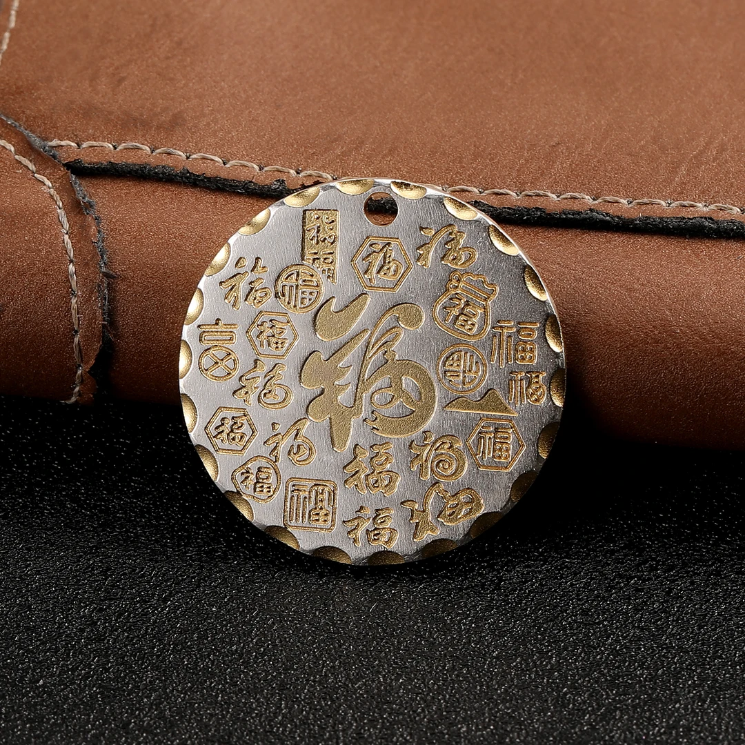 吊坠足银 足银99描金吉言福牌吊坠男女款复古国潮圆牌链坠民族风