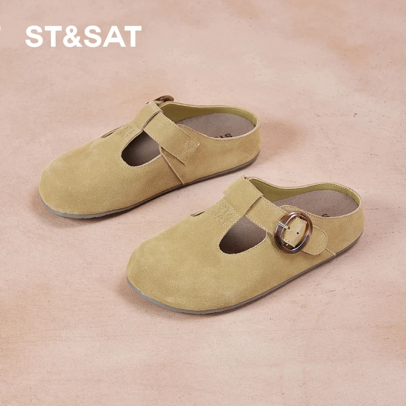 星期六镂空勃肯鞋女2025夏季新款透气一脚蹬真皮复古凉鞋居家半拖