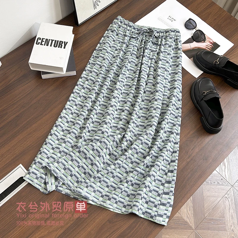 (直播度假风棉麻半身裙)8662夏季时尚撞色清新小格舒适半身裙W